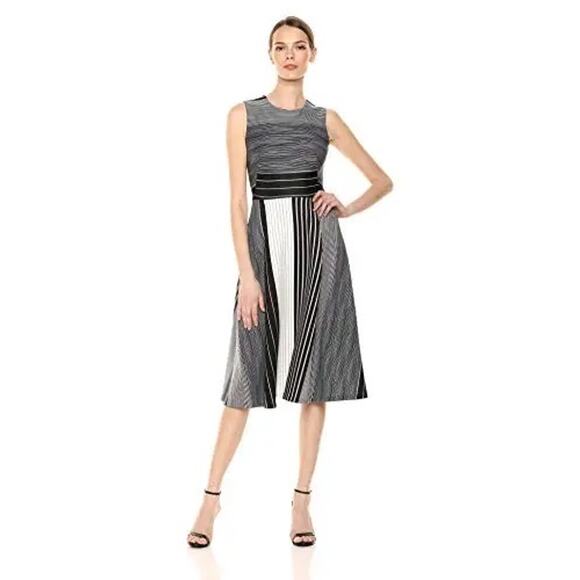 Calvin Klein Striped Sleeveless Crew Neck Dress Size 8 Gray Multi - Picture 1 of 8